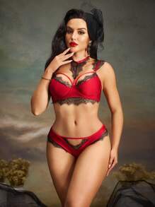 SHEIN 女士性感蕾丝拼布内衣套装，外出穿着 - 酒紅色 - 查看 4