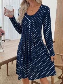 SHEIN LUNE Women's Navy Blue Polka Dot Short Dress,Elegant Autumn Casual Everyday Work Dresses For Women,Office Outfits,Birthday Modest Autumn Winter Clothes - Navy Blue - View 3