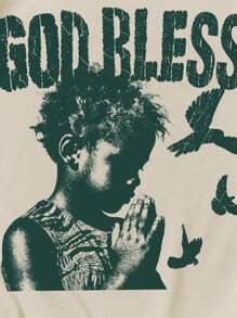 Manfinity EMRG Men's Summer Letter & Figure Print Round Neck Short Sleeve Casual T-Shirt God Bless T Shirt Beige Graphic Tee Christian Graphic Tees - Khaki - View 4