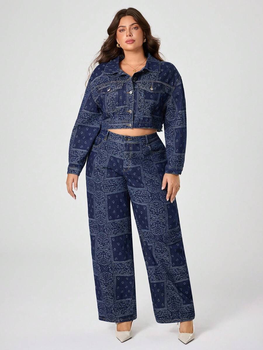 SHEIN Essnce 大码女式时尚提花牛仔夹克，长袖深蓝色牛仔衬衫 - 深色水洗藍 - 查看 1