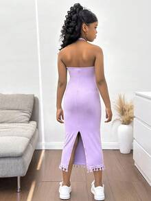 SHEIN Tween Girl Elegant Floral Print Halter Neck Snug Fit Vacation Dress - Mauve Purple - View 2