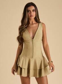 SHEIN BAE Women's Elegant Solid Color Ruffle Hem Sleeveless Mini Dress, Summer,Elegant Dresses For Women - Green - View 6