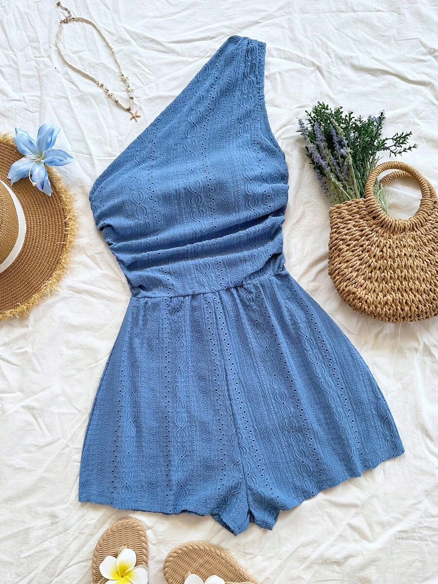 Soleia Women's Bohemian, Boho, Vacation Style Sleeveless Cinched Waist A-Line Jumpsuit Blue Playsuit One Shoulder Playsuit