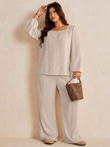 Elaquor Conjunto casual de 2 piezas de blusa de manga farol de cuello cuadrado y pantalones de unicolor para mujer de talla grande - Albaricoque - Ver 6