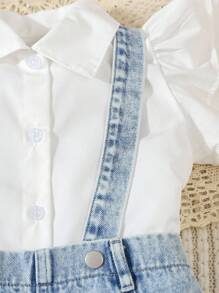 Young Girls 2 Pieces Set: Fashionable Playful White Cap Sleeve Blouse And Figure-Flattering Washed Denim Pinafore Skirt, Casual Everyday Wear, Spring/Autumn, Suitable For Little Girls Summer Outfits For Girls Clothes Set Girls Clothes Classic, School, Campus, College