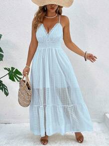 Breezaya Plus Size Women Holiday Style Textured Spaghetti Strap Ruffle Trim Waist Flared Dress Women Dresses Birthday Women Casual Dress Women Summer Clothing Woman S Summer Clothes Women Birthday Outfit