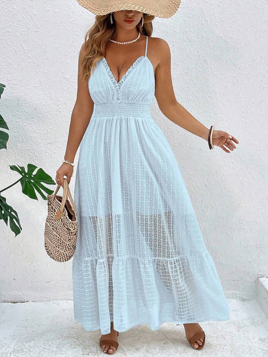 Breezaya Plus Size Women Holiday Style Textured Spaghetti Strap Ruffle Trim Waist Flared Dress Women Dresses Birthday Women Casual Dress Women Summer Clothing Woman S Summer Clothes Women Birthday Outfit