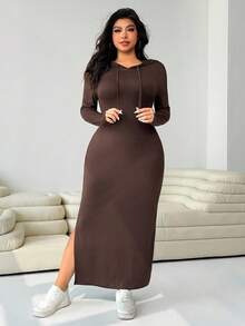 Solflare Váy len dệt kim dáng ôm tay dài có dây rút có mũ trùm đầu cỡ lớn dành cho nữ, mùa thu/đông, mùa thu, trở lại trường - màu nâu - Xem 3