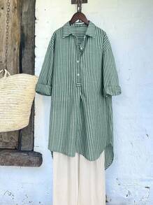 EMERY ROSE Casual Striped Half-Placket Front Short Back Long Shirt - Multicolor - View 5