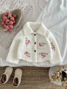SHEIN Baby Girl Thick Fleece Embroidered Flower Collar Long Sleeve Jacket, Autumn/Winter Fall - White - View 4