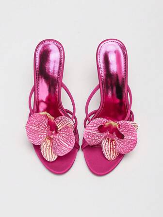 CUCCOO SZL Women's Fashion Metallic Fuchsia Orchid Decor Stiletto High Heel Sandals, Suitable For Vacation And Party