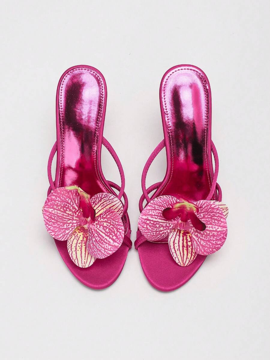 CUCCOO SZL 女士时尚金属紫红色兰花装饰细高跟凉鞋，适合度假和派对 - 玫紅色 - 查看 1