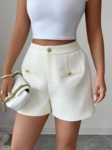 Chiquease Shorts de tecido texturizado damasco com botões e bolsos de metal, uso casual versátil para o dia a dia, escritório, reunião de família, encontros, Dia dos Namorados - Damasco - Ver 1