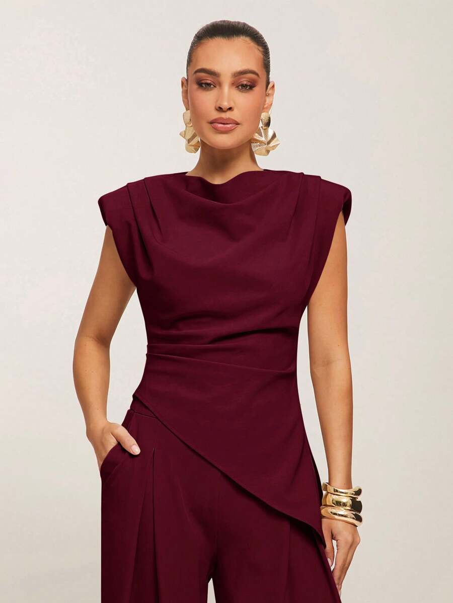 Silquee Top elegant pentru femei, culoare solidă, cu umeri lați, tiv asimetric, vară, top vin, top vișiniu, drapat, mânecă scurtă, top maro, toamnă, stil vechi de damă, stil Stockholm, ținută business casual pentru femei, ținută office, pentru ieșiri în oraș, birou - Burgundia - Vizualizare 1