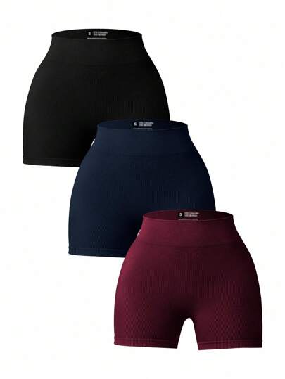 Gameset SHEIN Sport 3 piezas Pantalones cortos deportivos de cintura alta sin costuras de unicolor versátiles, paquete de 3 para mujeres