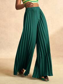 Zivah 优雅弹力腰深绿色百褶大脚加长阔腿裤女百褶裤高腰裤绿裤子女喇叭裤 - 墨綠色 - 查看 4