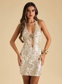 SHEIN BAE 夏季女式亮片挂脖金属扣装饰紧身修身迷你连衣裙 - 白色 - 查看 1