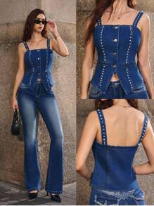 SHEIN Frenchy Pearl Studded Women's Denim Camisole Top - Dark Wash - View 1