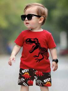 GraphicGems 2 件装男童休闲创意卡通恐龙印花 T 恤和短裤套装 - 彩色 - 查看 2