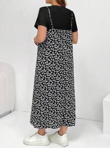 SHEIN Essnce 大码女式夏季两件套、连衣裙套装、短袖两件套、花裙套装、狂欢装扮节日飘逸连衣裙度假两件套 - 黑色 - 查看 2