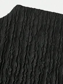 SHEIN 青少年女孩休闲时尚针织纹理修身中式领褶饰不对称下摆短袖 T 恤，适合春夏季 - 黑色 - 查看 3