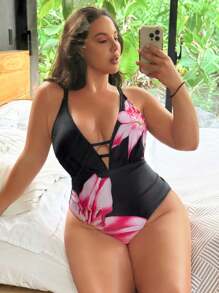 Swim Vcay Plus Size Women One-Piece Floral Print Fashion Vacation Casual Slim Fit Tummy Control Adjustable Thick Strap Deep V-Neck Backless One Piece Swimsuit For Summer - Black - View 1