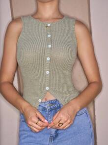 Andrea Bello Camisola informal de mujer de punto acanalado con espalda dividida - Verde Lima - Ver 3