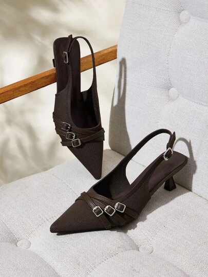 CUCCOO BASICS Women's Pointed Toe Stiletto High Heel Slingback Pumps, Coffee Color Knit Fabric, Comfortable Breathable Elegant Commute Daily Versatile High Heel Mule Shoes For Christmas