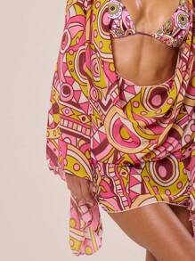 Musera Resort 雪纺网纱长袖深V领罩衫连衣裙 春夏伊比沙岛度假可爱浪漫节日海滩装扮 沙滩嘉年华 - 彩色 - 查看 3