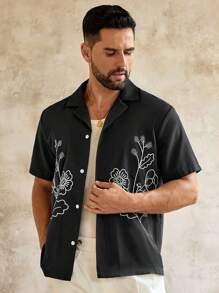 Manfinity VCAY Áo sơ mi nam tay ngắn dáng rộng, thêu họa tiết hoa dệt thường ngày, dáng rộng, vai trễ, áo sơ mi nam họa tiết hoa cài nút, áo sơ mi nam hoa hồng, áo sơ mi nam cài nút, áo sơ mi nam họa tiết hoa đen - màu đen - Xem 7