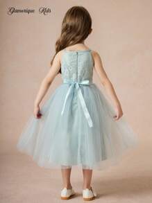Glamorique Kids 4 件套女童无袖薄纱蓬松公主裙，花童婚礼派对生日伴娘礼服 - 薄荷綠 - 查看 3
