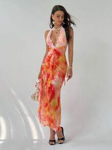 Aloruh 全新浪漫花卉网眼印花复古佩斯利性感深 V 领露背半透明沙滩罩衫连衣裙 - 橘色 - 查看 4