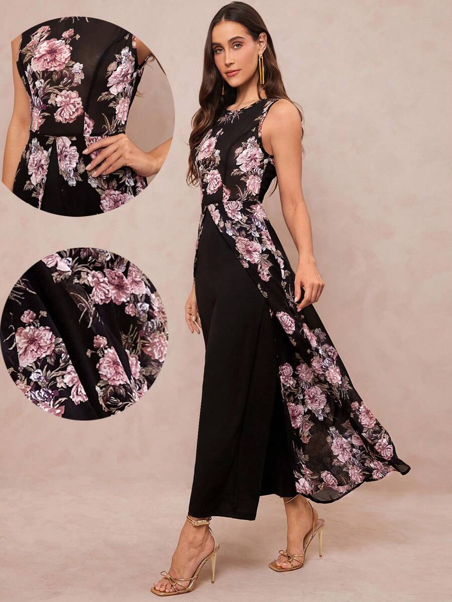 Amorya Women's Summer Elegant Floral Printed Splice High Slit Sleeveless Jumpsuit Fall/Winter Women Clothes Back To School Modest Vintage Old Money Teacher Outfits For Women Airport