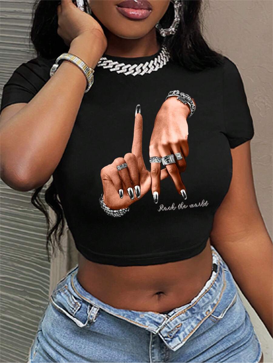 Slaydiva Casual LA Hand Gesture Pattern Round Neck Short Sleeve Cropped Tight Fit Women T-Shirt, Suitable For Summer Suitable For Going Out - Black - View 1