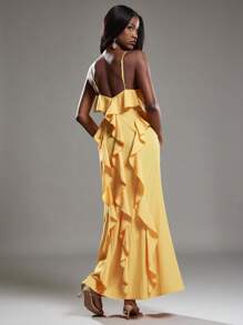 NYA SZN 连衣裙 V 领低胸荷叶边细节早午餐特殊场合生日度假海滩婚礼宾客新娘派对春夏长款女式连衣裙