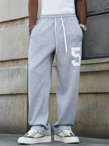 PAVTROS 男士休闲宽松长裤，带数字 5 印花和拼接设计，直筒裤腿，适合所有季节和日常穿着，适合男朋友/丈夫的礼物，Y2K 街头潮流 - 灰色 - 查看 7