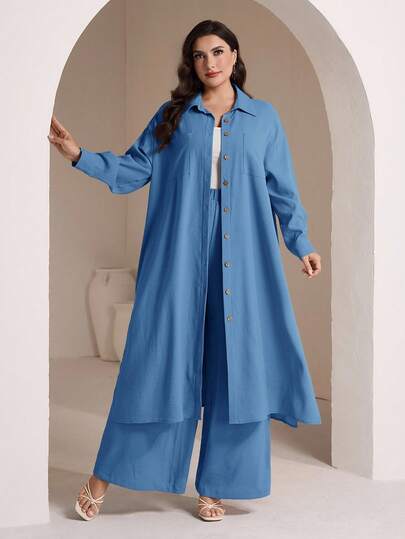 Veilorie Plus Size Women's Casual Solid Color Shirt And Pants Arabic Style Set