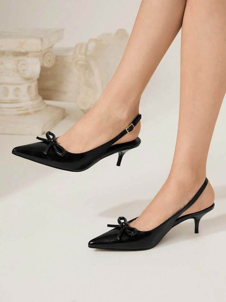 CUCCOO CHICEST Bowknot Design Pointed Toe Stiletto High Heel Pumps, Elegant Lady Sexy Romantic Black Open Back Party Date Formal Dress Shoes, Perfect For Wedding, Valentine's Day