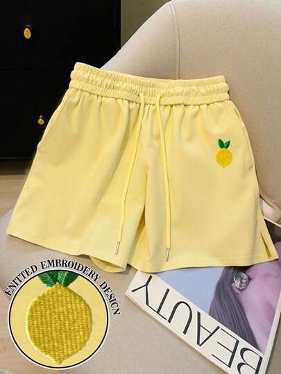 Resyla Women's Regular Yellow Bestselling Embroidered Lemon Side Slit Shorts