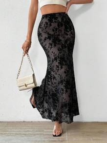 Rafferiza 高腰花卉絨布網紗長裙,美人魚裙款 - 黑色 - 查看 4