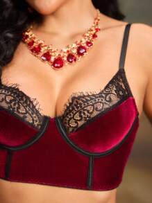 Conjunto De Lencería De Encaje Para Mujer Con Detalles De Espiga (sujetador Con Aros Y Braguitas) - Rojo - Ver 2