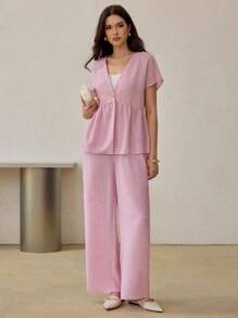 Modelyn 2件組女款蝙蝠袖上衣與彈性腰直筒長褲，春/秋季 - 粉色 - 查看 4