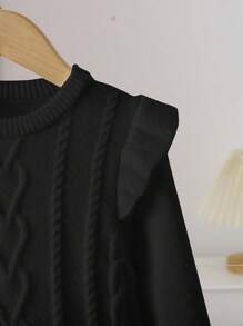LMoss Kids Young Girl Crew Neck Long Sleeve Patchwork Ruffle Textured Cable Knit Sweater Dress,Autumn/Winter Black Casual Daily Back To School Outfit - Black - View 5