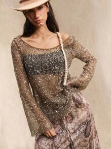 Easelle Damen sexy Flügelärmelige Pailletten durchscheinende lose T-Shirt, Gürtel nicht enthalten - Braun - Übersicht 4