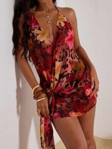 Opulessa 女士度假性感豹纹花卉印花露背迷你连衣裙