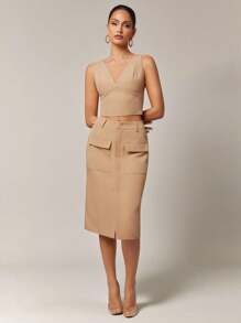 Silquee Women's Elegant Office Camel Summer Business Casual Khaki V-Neck Sleeveless Vest & Mid-Length Cargo Pocket Front Slit Skirt Suit Sets,Slim Woven Suits - Khaki - View 6
