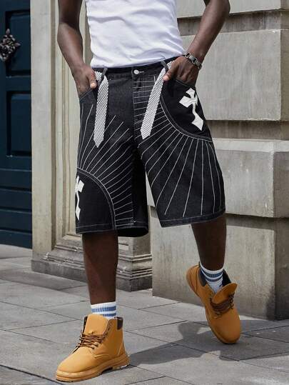 Street Life Herren Kreuz- & Streifentasche, weite Passform Knie-lange Denim Shorts