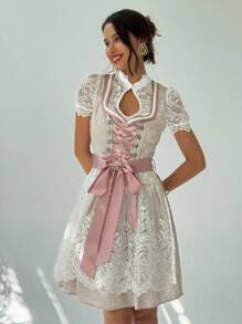 Aloruh 全新慕尼黑啤酒节紧身连衣裙，拼色巴伐利亚印花围裙领带服装连衣裙 - 香檳色 - 查看 8