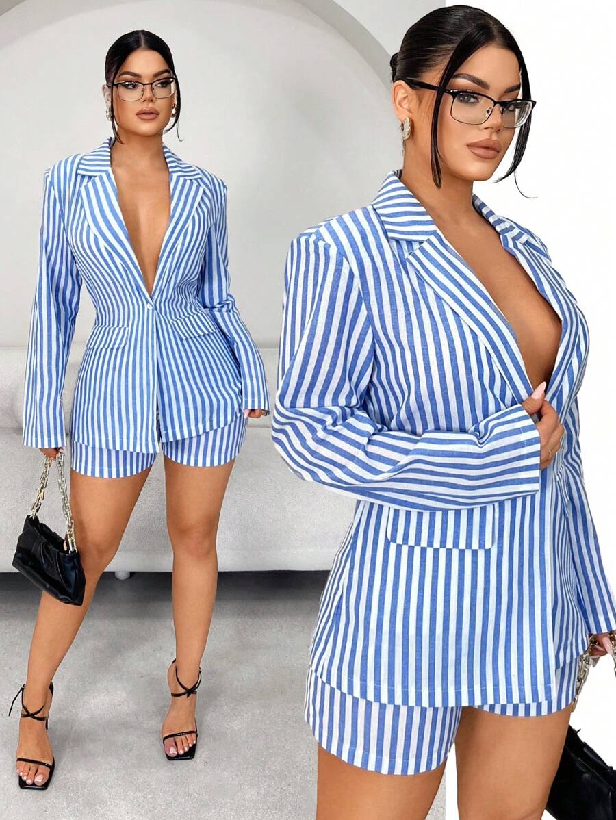 SHEIN SXY 女式蓝白条纹印花翻领深 V 领垫肩西装外套和短裤套装，春夏商务休闲装，女式条纹西装外套套装，条纹西装外套短裤套装，女式条纹西装套装，蓝白条纹西装，夏季西装外套套装，返校装，女士教师装，商务休闲女装，女士优雅连衣裙，女士办公室装，女士休闲套装，秋季女装，女士冬装，教师装，女士节日装，女士机场装，老钱风格女装，长袖，商务休闲装 - 藍白色 - 查看 1