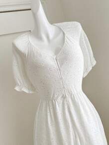 INAWLY Vestido largo de manga corta para mujer de talla grande, elegante, con bordado de ojal y decoración de botones, para verano - Beis - Ver 6